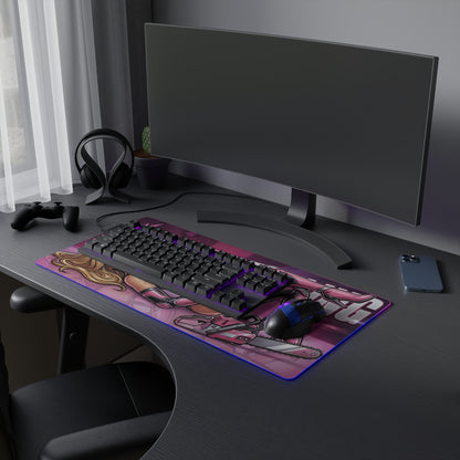 Juliet Starling RGB Desk Mat, Action Game Mouse Pad, LED Desk Mat for Gamer Desk Setup - bold pink action-game illustration on LED gaming desk mat