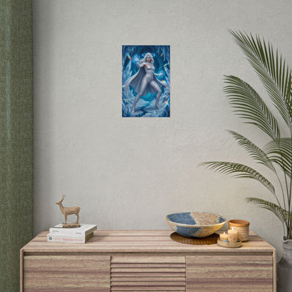 Emma Frost Poster, Marvel Wall Art Print – Comic Heroine Decor hung above modern console in gamer/media room