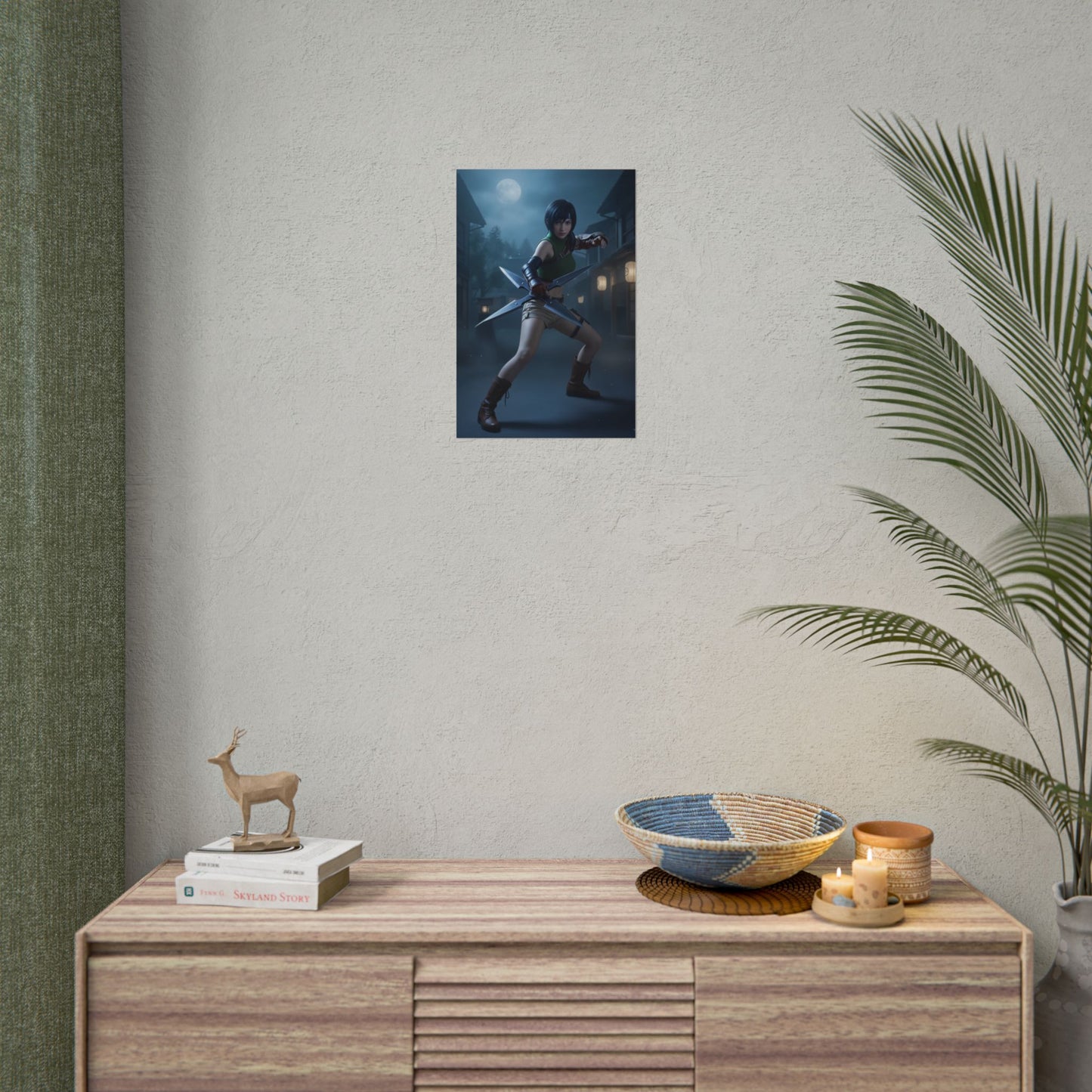 Yuffie Poster, Final Fantasy Art Print – Classic RPG Wall Art for Gamers on wall above console in modern gamer room