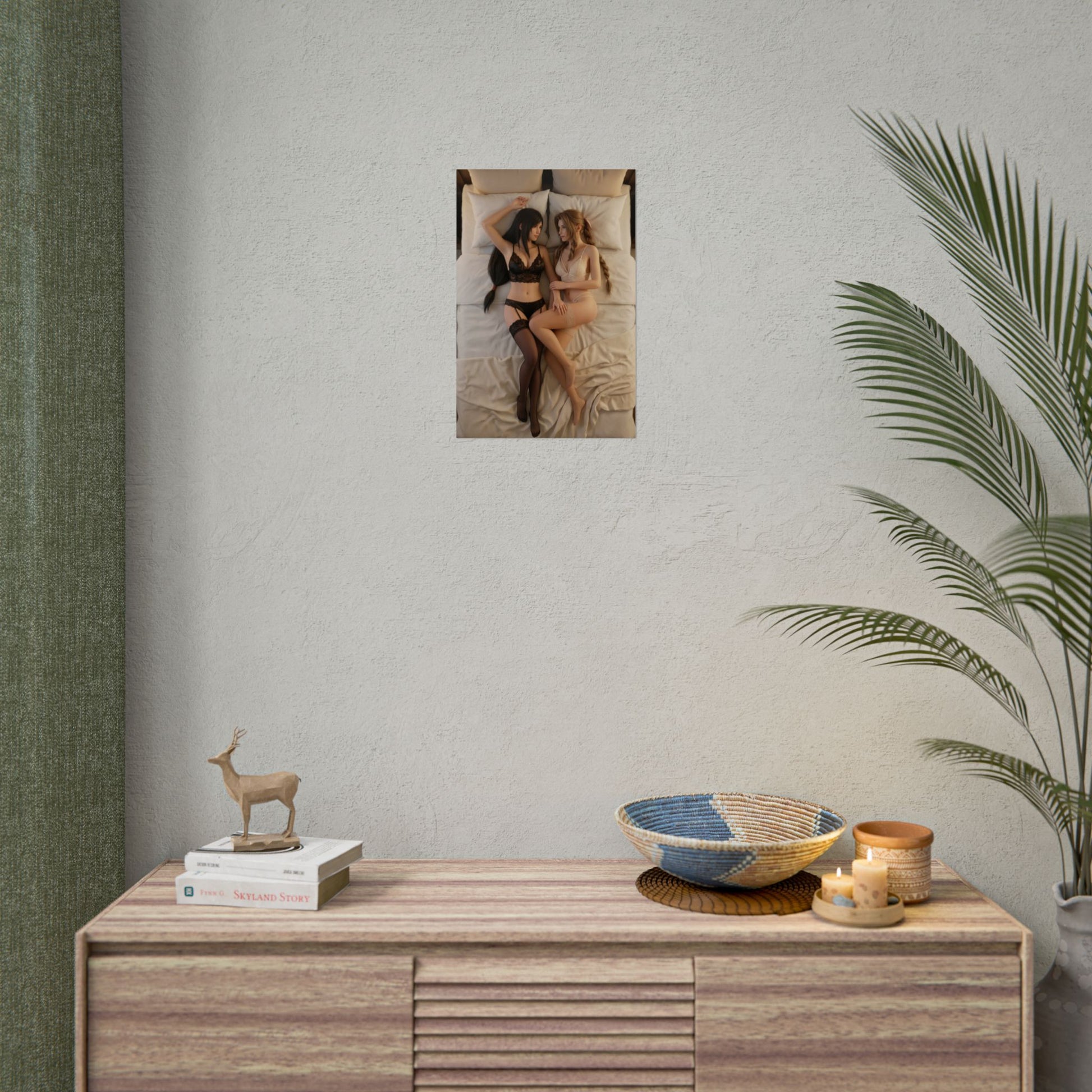 Tifa Aerith Poster, Final Fantasy VII Art Print – RPG Duo Wall Art hung above a minimalist dresser in a cozy gaming room