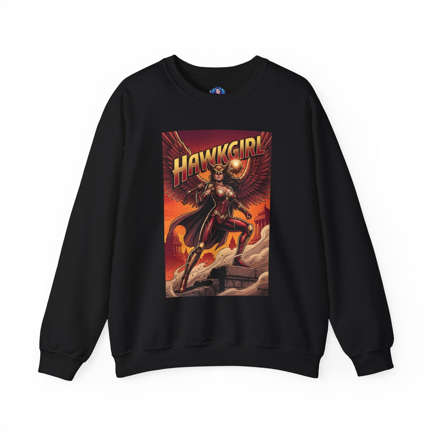 Hawkgirl Sweatshirt, DC Comics Wall Art Style, Premium Heroine Apparel — black crewneck with anime-inspired Hawkgirl winged armor and mace graphic