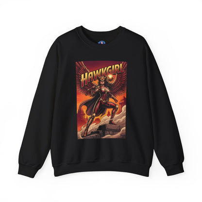 Hawkgirl Sweatshirt, DC Comics Wall Art Style, Premium Heroine Apparel — black crewneck with anime-inspired Hawkgirl winged armor and mace graphic
