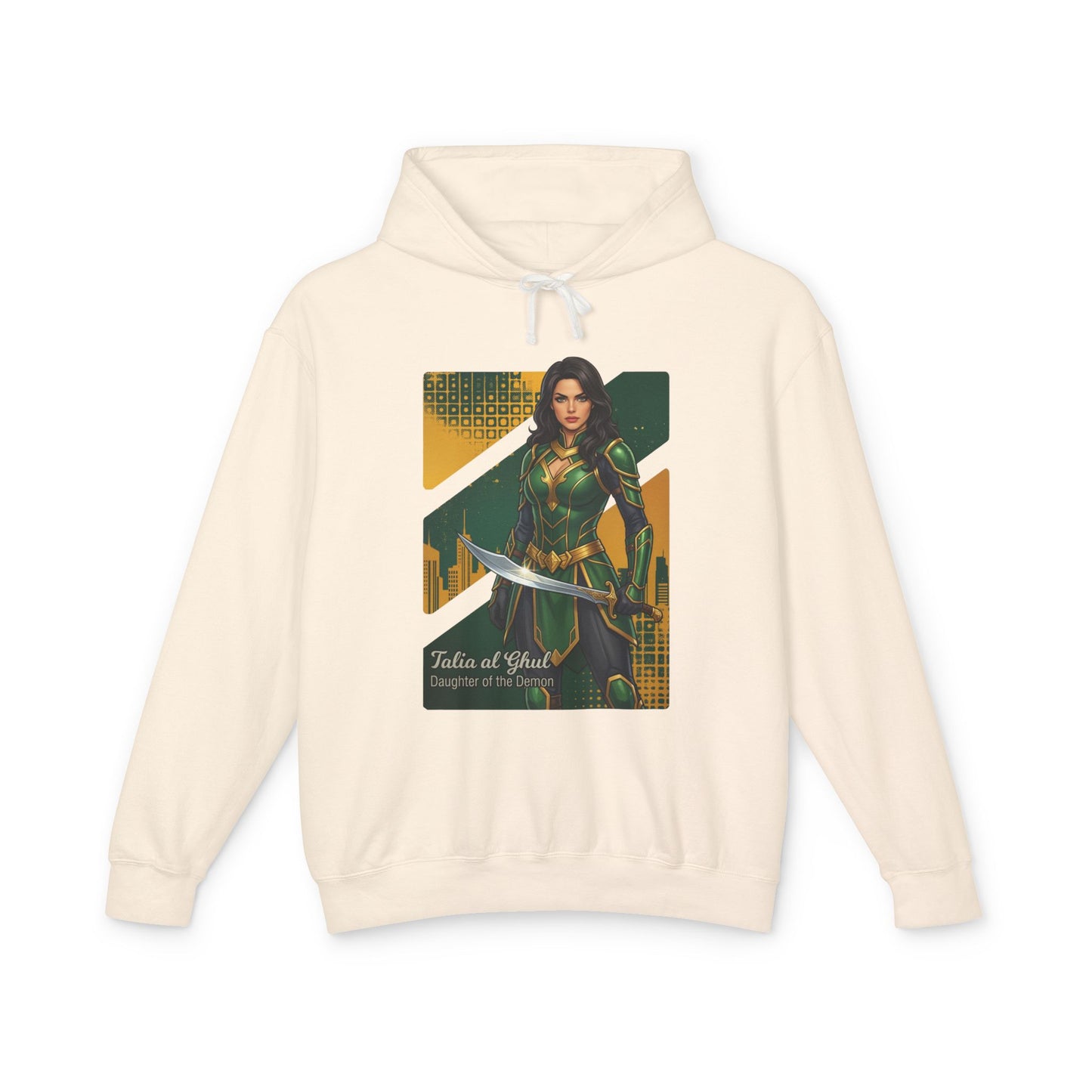 Talia al Ghul Hoodie | DC Comics Hoodie | Anime Assassin Warrior Pullover cream hoodie featuring anime-style Talia al Ghul with sword and city art