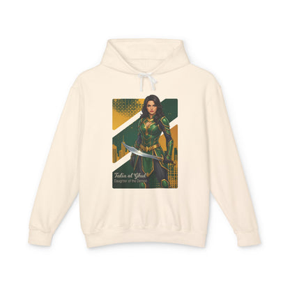 Talia al Ghul Hoodie | DC Comics Hoodie | Anime Assassin Warrior Pullover cream hoodie featuring anime-style Talia al Ghul with sword and city art