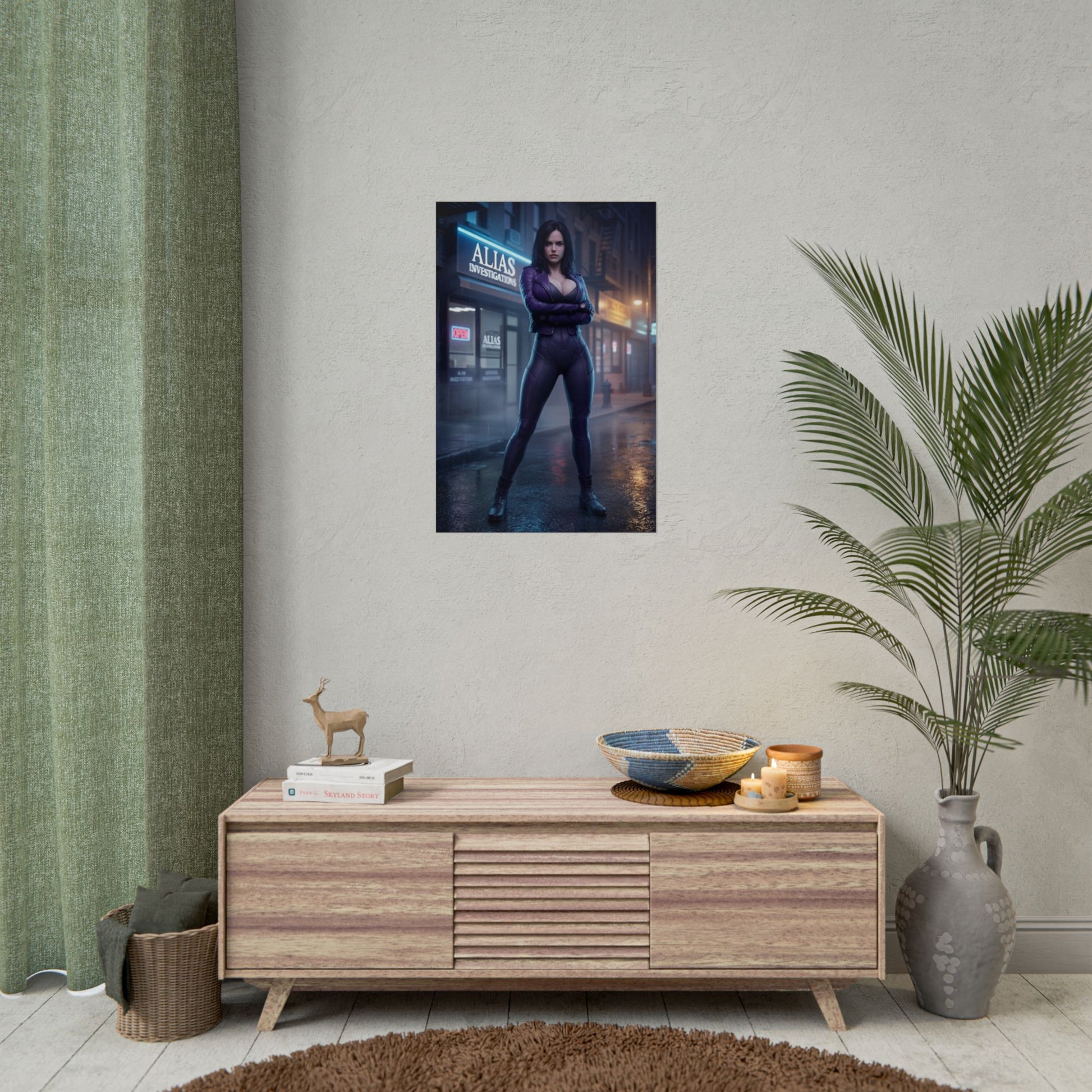 Jessica Jones Poster, Marvel Art Print – Superhero Wall Art hanging in modern entertainment room, high-res comic wall decor