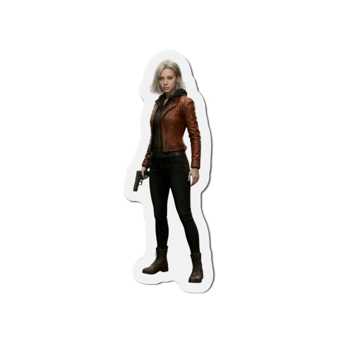 Grace Ashcroft Magnet, Resident Evil Fridge Magnet, Horror Game Decor, Gamer Gift — anime-style Grace Ashcroft vinyl fridge magnet with gun and brown jacket