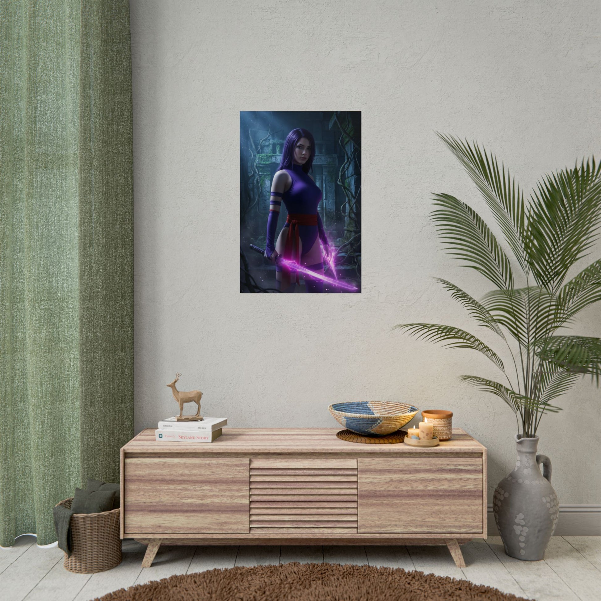 Psylocke Poster, Marvel Art Print – Iconic Mutant Ninja Heroine Wall Art hanging in modern living room with vivid purple energy katana