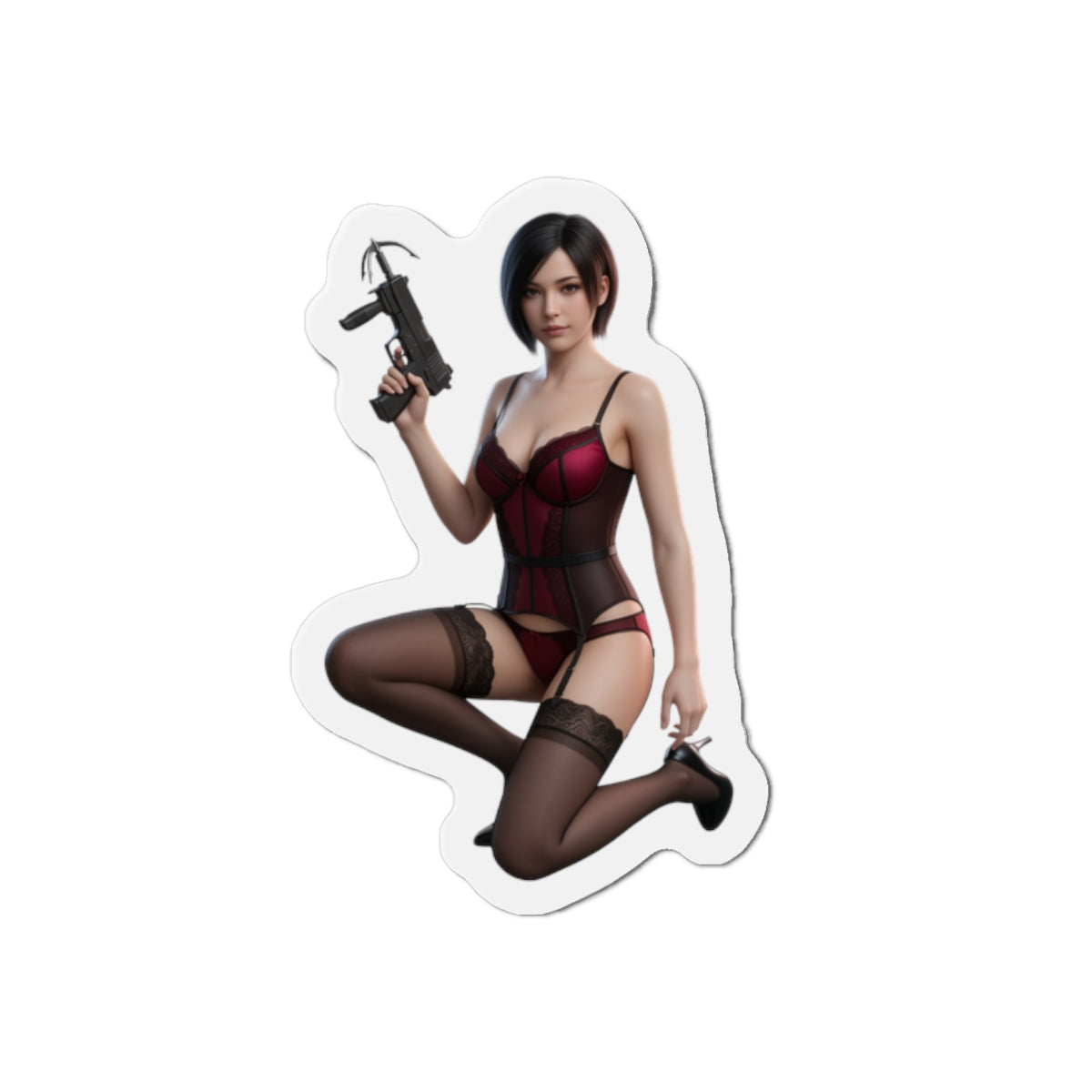 Ada Wong Magnet – Resident Evil Anime Heroine Fridge Magnet, Game Decor, die-cut vinyl magnet of Ada Wong in anime-style pose with gun