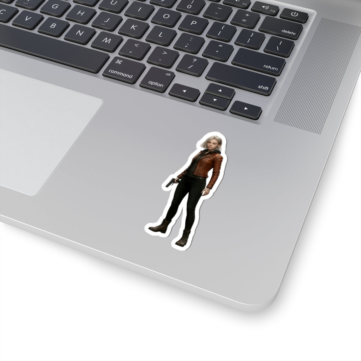 Grace Ashcroft Sticker, Resident Evil Sticker, Laptop Decal, Gift for Gamer — glossy vinyl laptop decal of Grace Ashcroft character on silver laptop