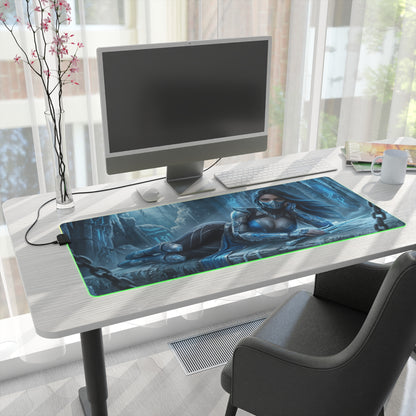 Frost Desk Mat – LED RGB Pad, Waifu Fighter Anime Girl Setup on desk with blue cyber warrior design and green RGB edge