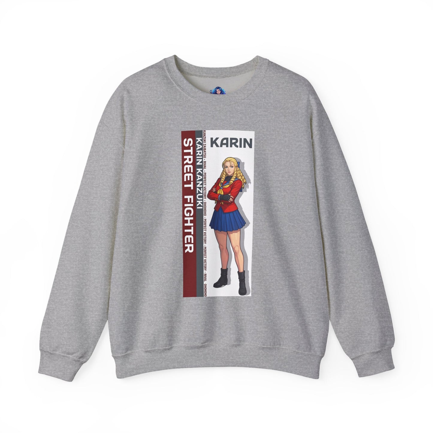 Karin Sweatshirt, Street Fighter Crewneck, Elegant Fighting Game Apparel for Fans – grey crewneck with Karin illustration
