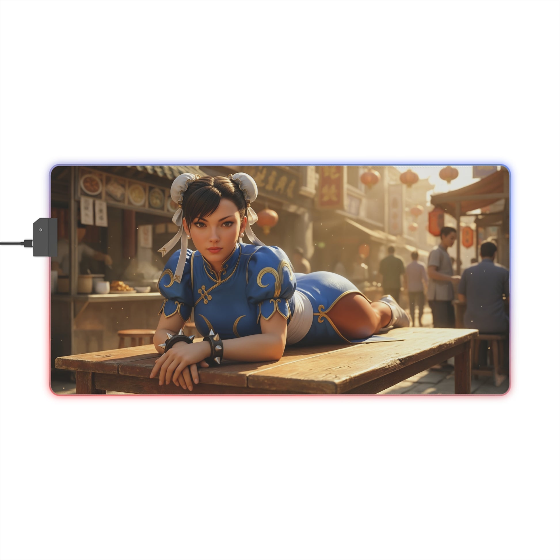 Chun-Li Desk Mat – LED RGB Pad, Waifu Fighter Anime Girl Setup featuring Chun-Li pose on precision-cloth RGB gaming desk mat
