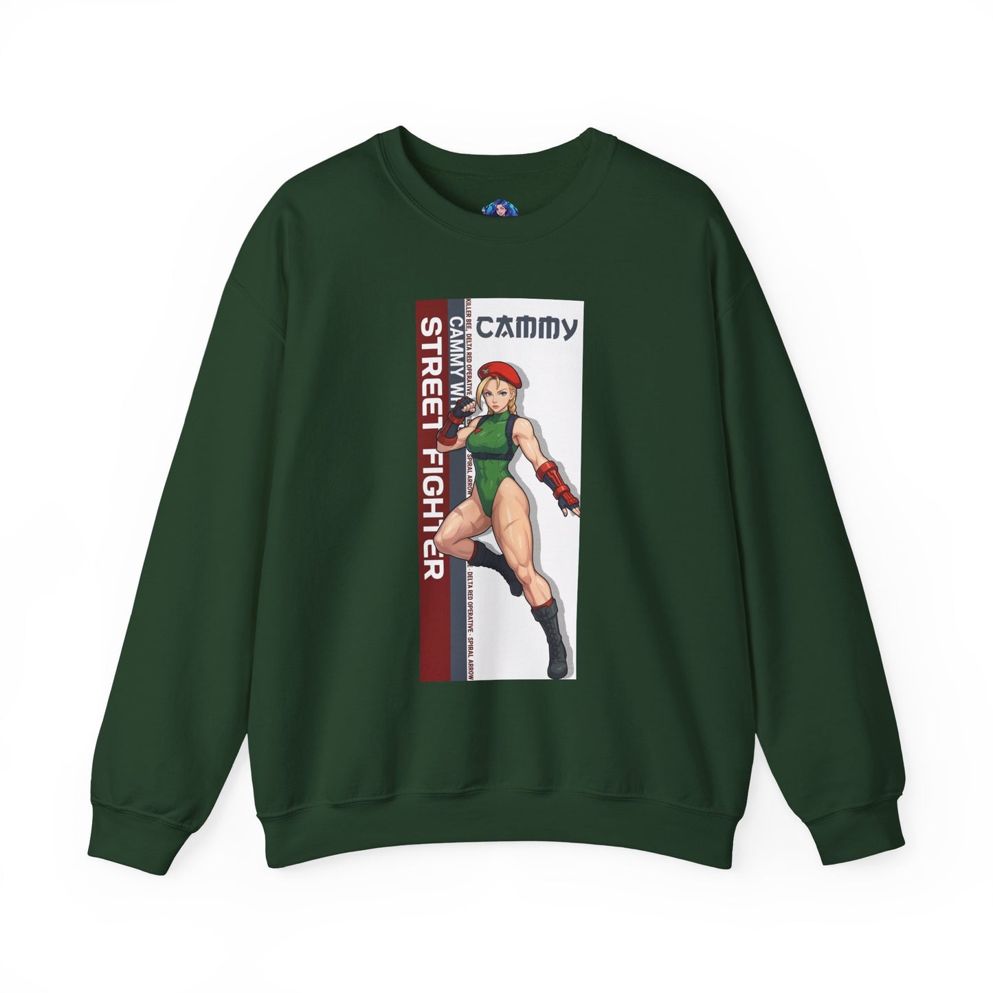 Cammy Sweatshirt, Street Fighter Crewneck, Classic Fighting Game Apparel for Fans — green crewneck with Cammy character art