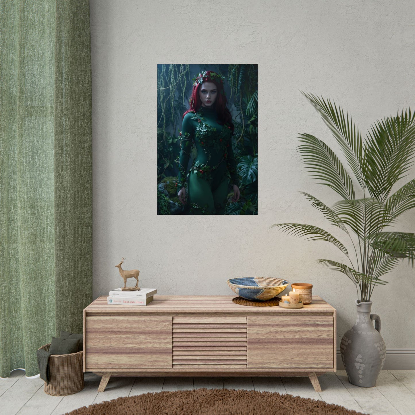 Poison Ivy Poster, DC Art Print – Iconic Comic Villain Heroine Wall Art shown framed on neutral wall above wooden console in green-themed room