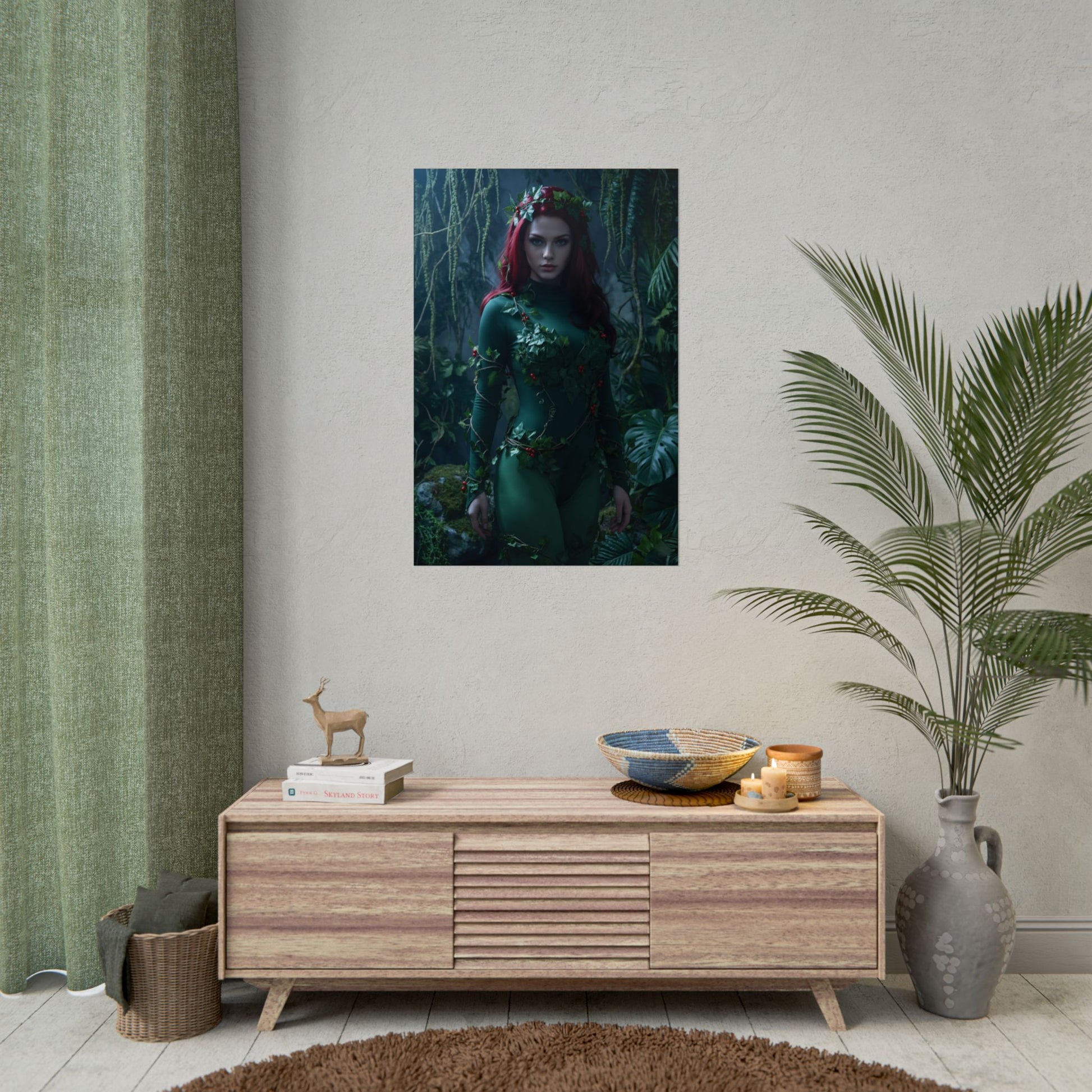 Poison Ivy Poster, DC Art Print – Iconic Comic Villain Heroine Wall Art shown framed on neutral wall above wooden console in green-themed room