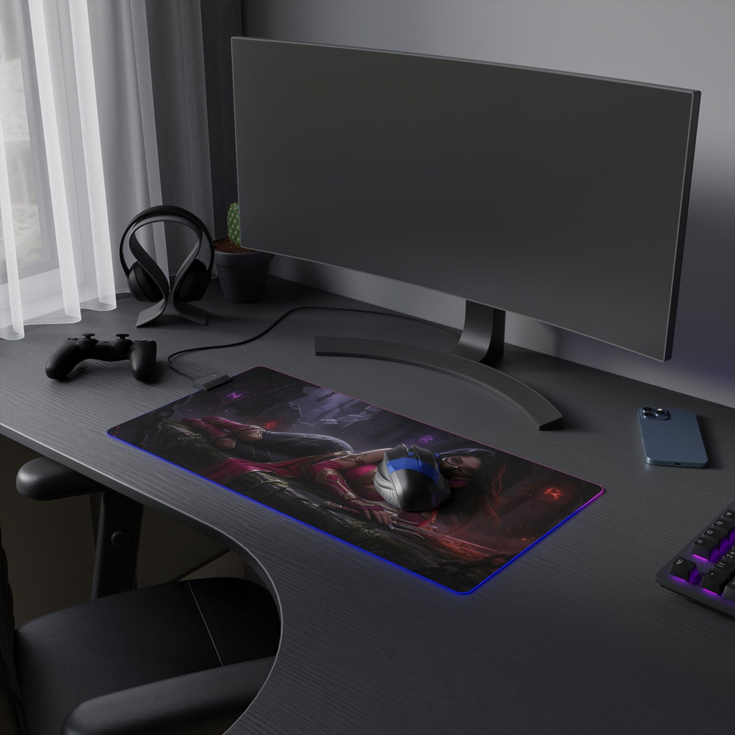 Mileena Desk Mat – LED RGB Pad, Waifu Assassin Anime Girl Setup on dark gaming desk with mouse and headset