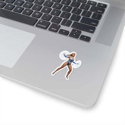 Invisible Woman Sticker – Comic Heroine Vinyl Sticker for Laptops & Indoor Decor on silver laptop showing glossy, durable vinyl, crisp comic-style artwork