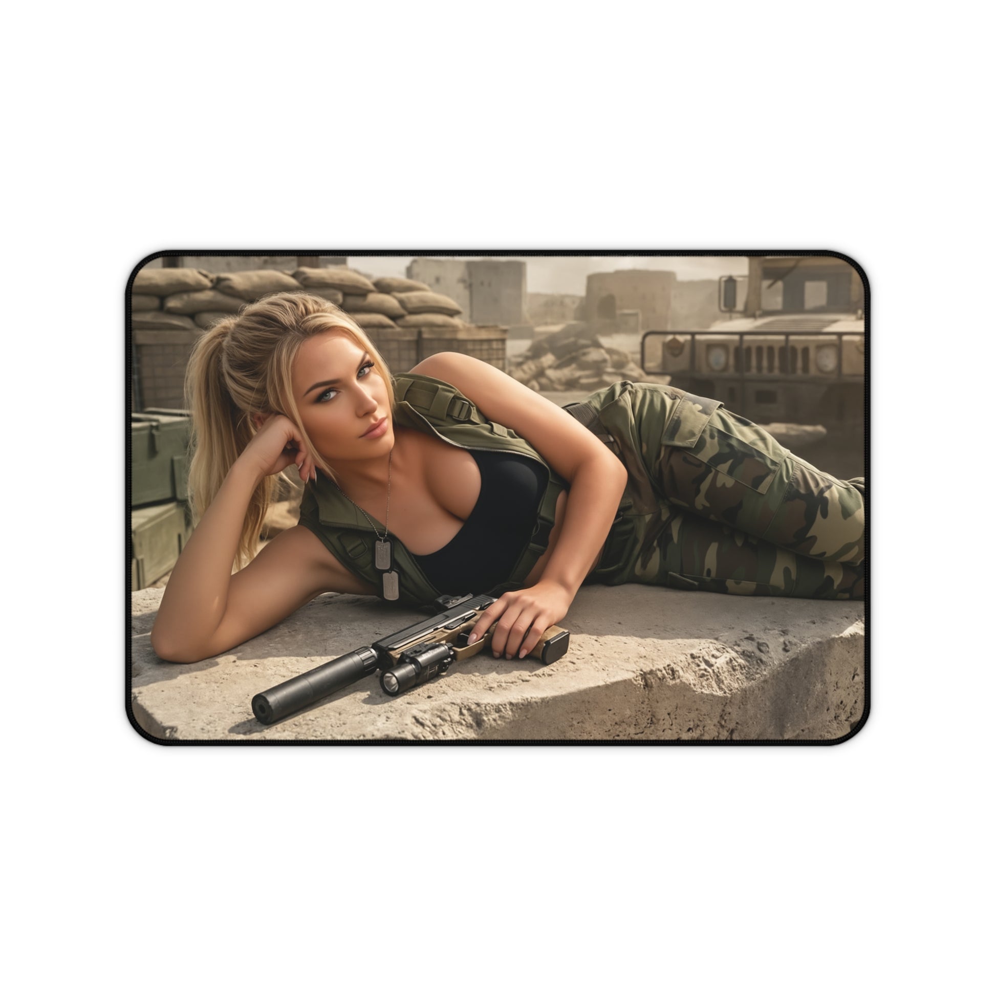 Sonya Blade Gaming Mouse Pad, Mortal Kombat Desk Mat, Special Forces Fighter Setup featuring tactical Sonya Blade artwork on a durable gaming desk mat