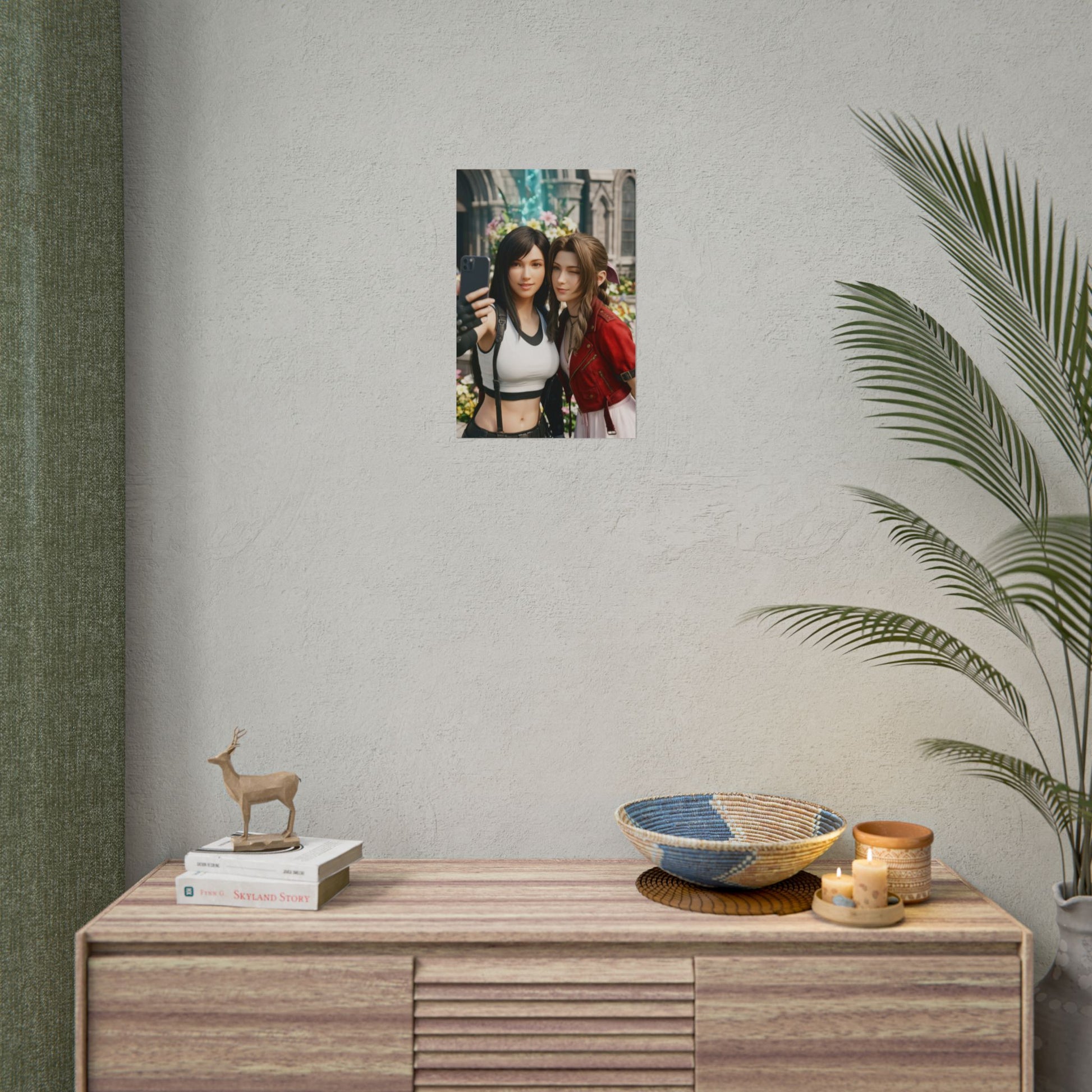 Tifa and Aerith Final Fantasy Poster – Iconic RPG Heroines Wall Art small poster displayed above wooden console in modern living room