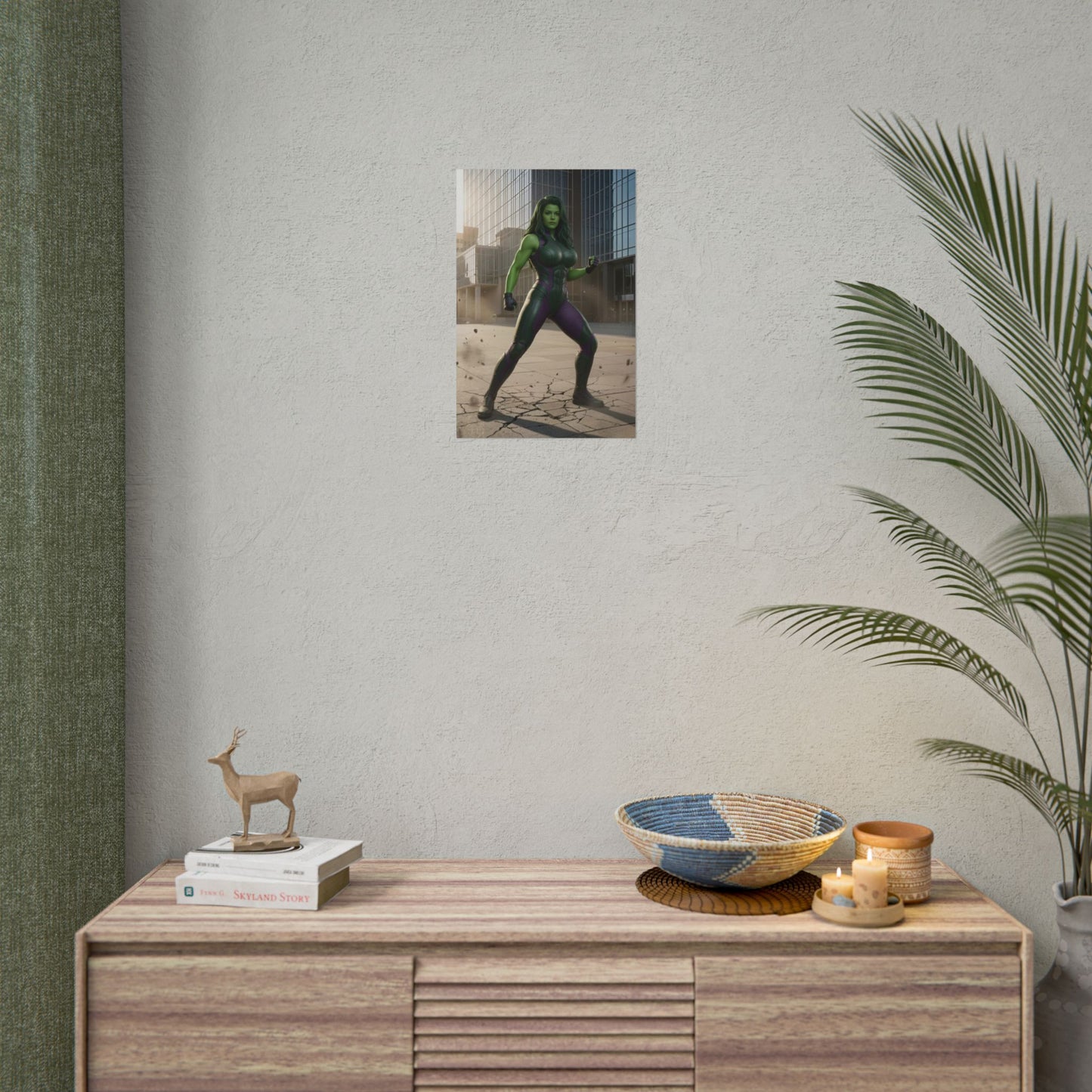 She-Hulk Poster, Marvel Art Print – Superhero Wall Art on a modern entertainment room wall above a wooden console