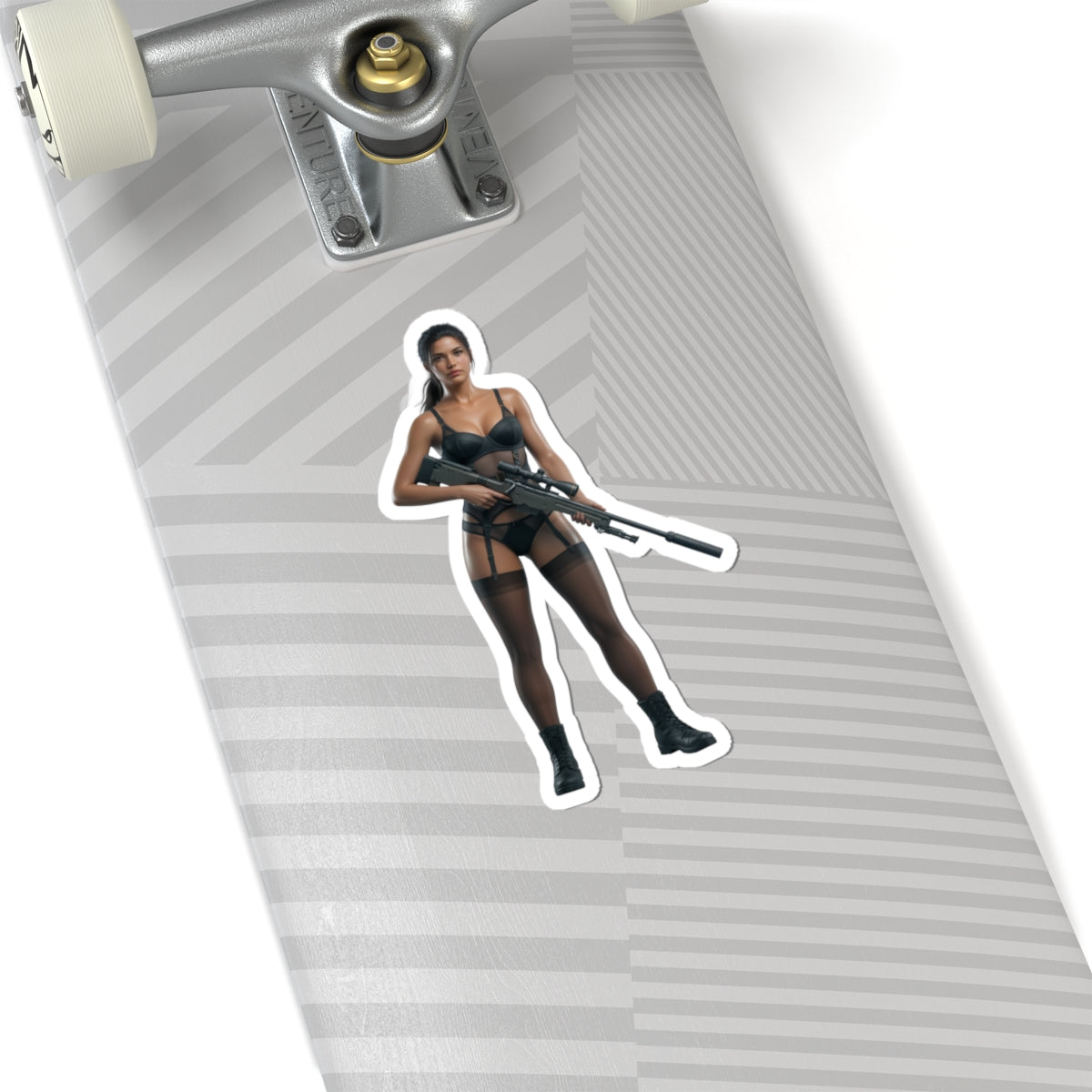 Quiet Metal Gear Sticker – Stealth Game Vinyl Sticker for Laptops & Indoor Decor on a skateboard laptop-style sticker showing a tactical character with rifle