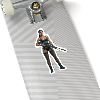 Quiet Metal Gear Sticker – Stealth Game Vinyl Sticker for Laptops & Indoor Decor on a skateboard laptop-style sticker showing a tactical character with rifle