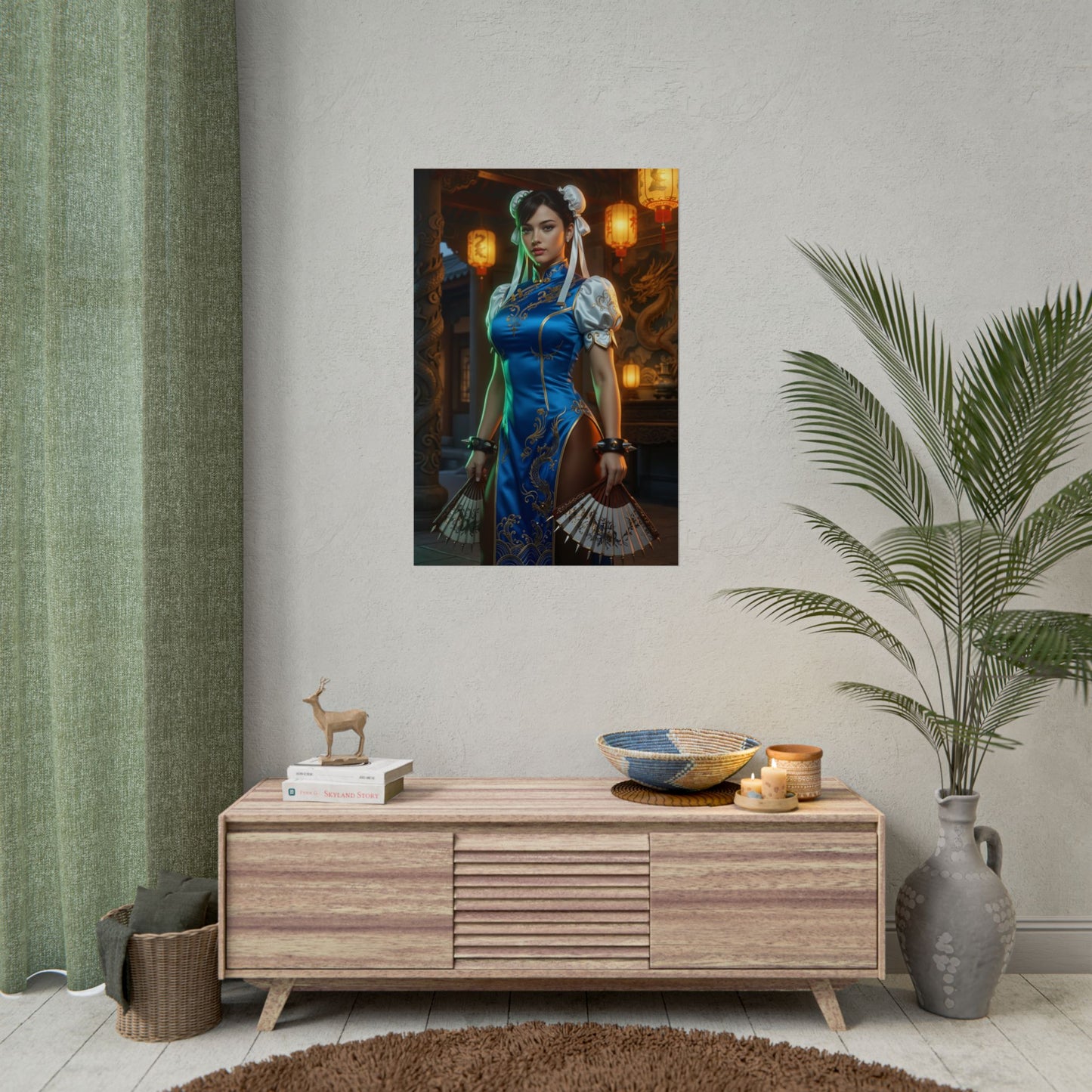Chun-Li Poster – Iconic Fighting Game Heroine Wall Art for Gamer Decor hanging in modern gaming room with vivid high-resolution print