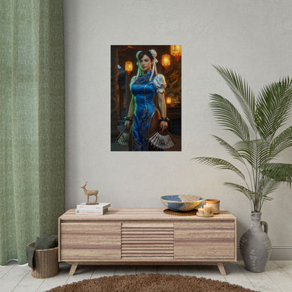 Chun-Li Poster – Iconic Fighting Game Heroine Wall Art for Gamer Decor hanging in modern gaming room with vivid high-resolution print