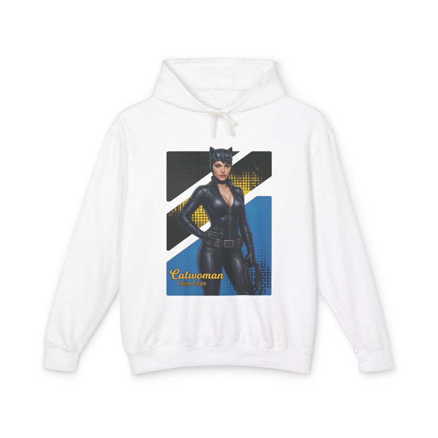 Catwoman Hoodie | DC Comics Hoodie | Anime Gotham Anti-Heroine Pullover featuring anime-style Catwoman illustration on white cotton pullover