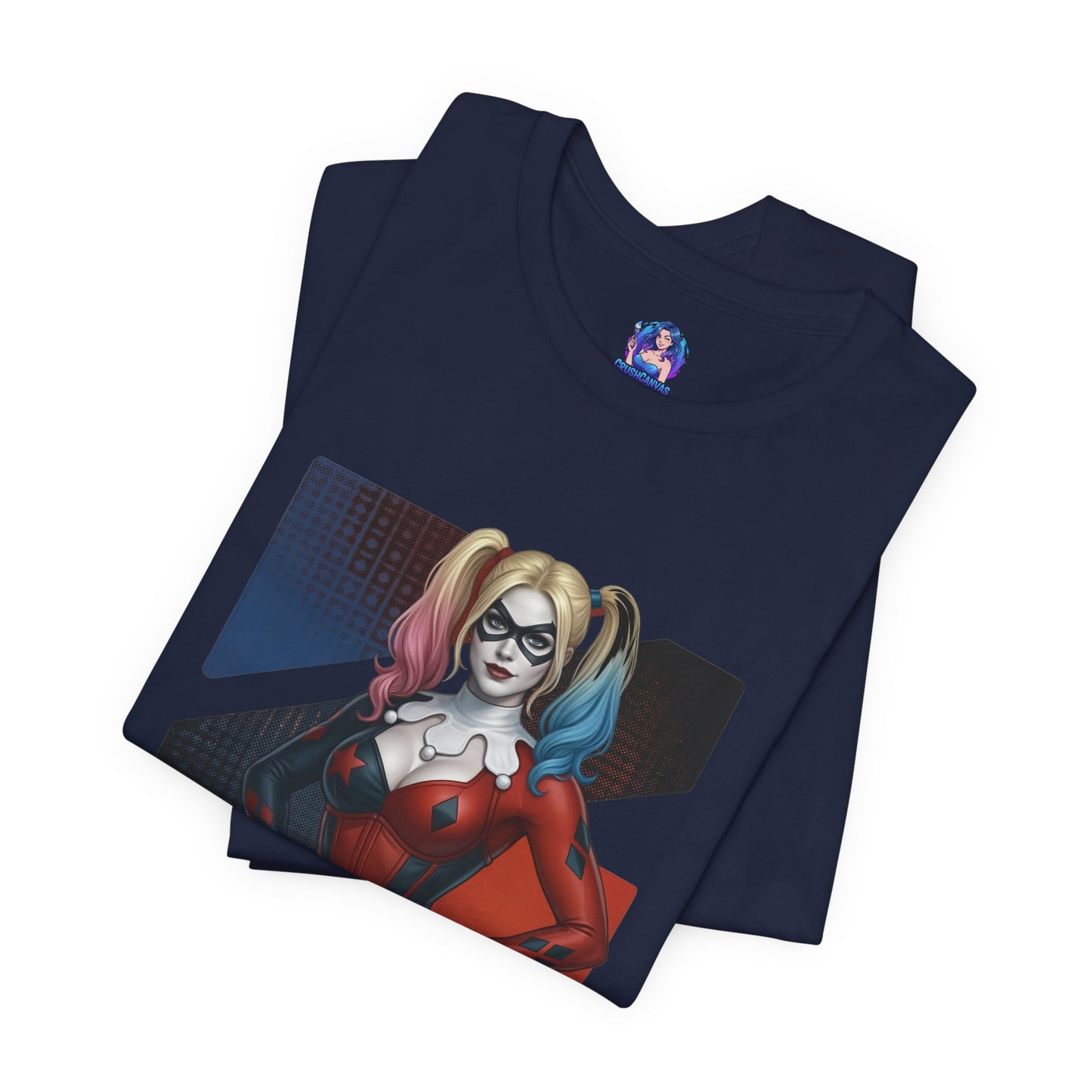Harley Quinn T-Shirt | DC Comics Anime Tee for Gamers & Comic Fans folded navy tee showing anime-style Harley Quinn illustration on Bella Canvas 3001 Unisex Tee