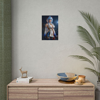 Ganyu Poster, Genshin Impact Art Print – Iconic Cryo Archer Heroine small framed on neutral wall above wooden console in gamer anime room