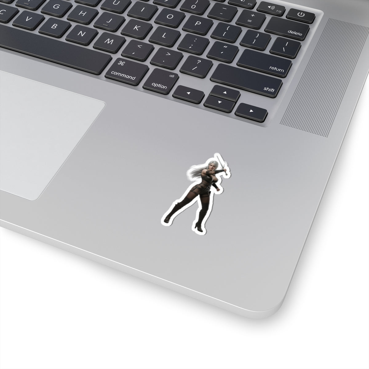 Ciri Sticker – Fantasy Game Vinyl Sticker for Laptops & Indoor Decor on silver laptop showing glossy durable vinyl, vibrant print, easy bubble-free application
