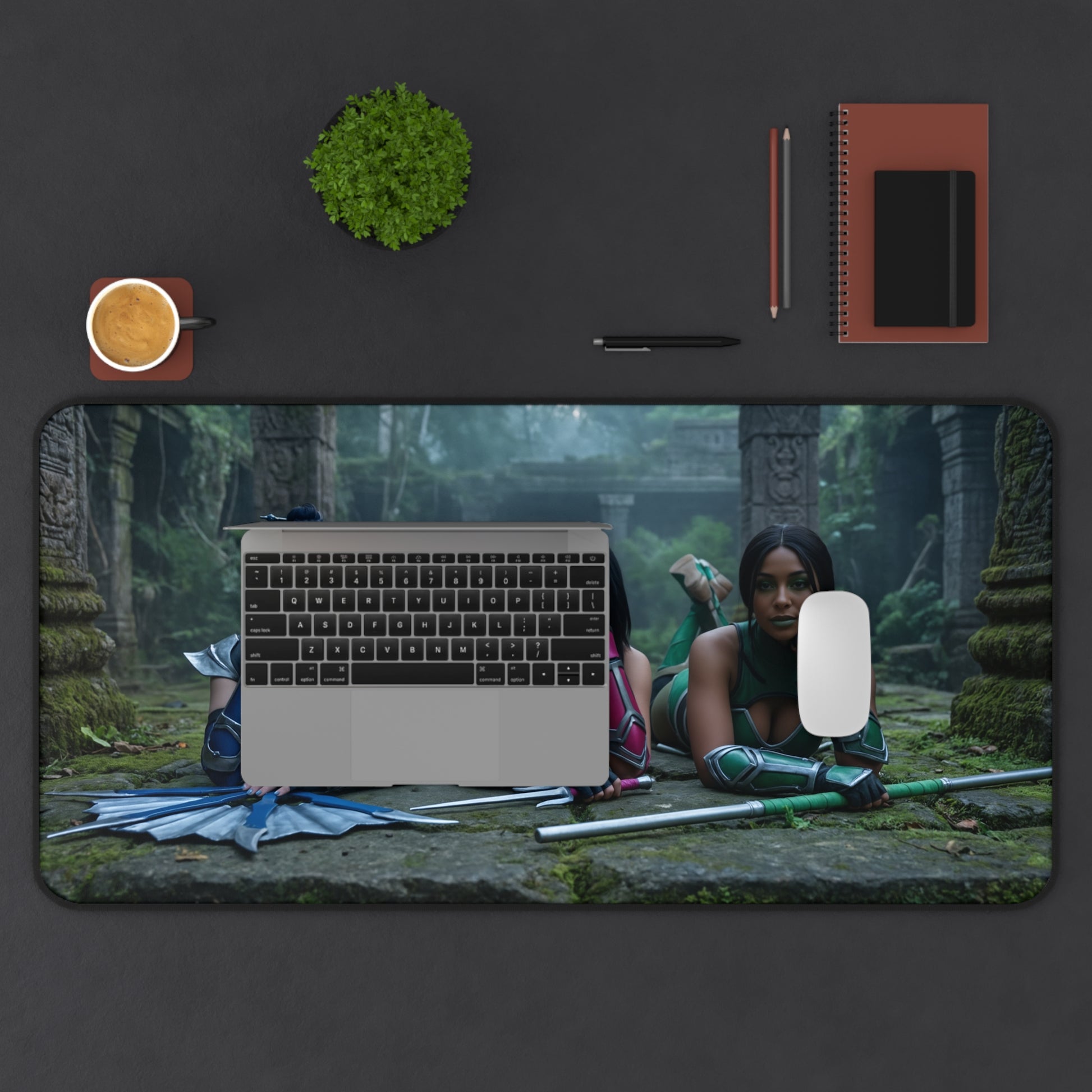 Kitana Jade Mileena Gaming Mouse Pad, Mortal Kombat Desk Mat, Edenian Fighters Setup featuring Kitana and Mileena in a jungle temple scene