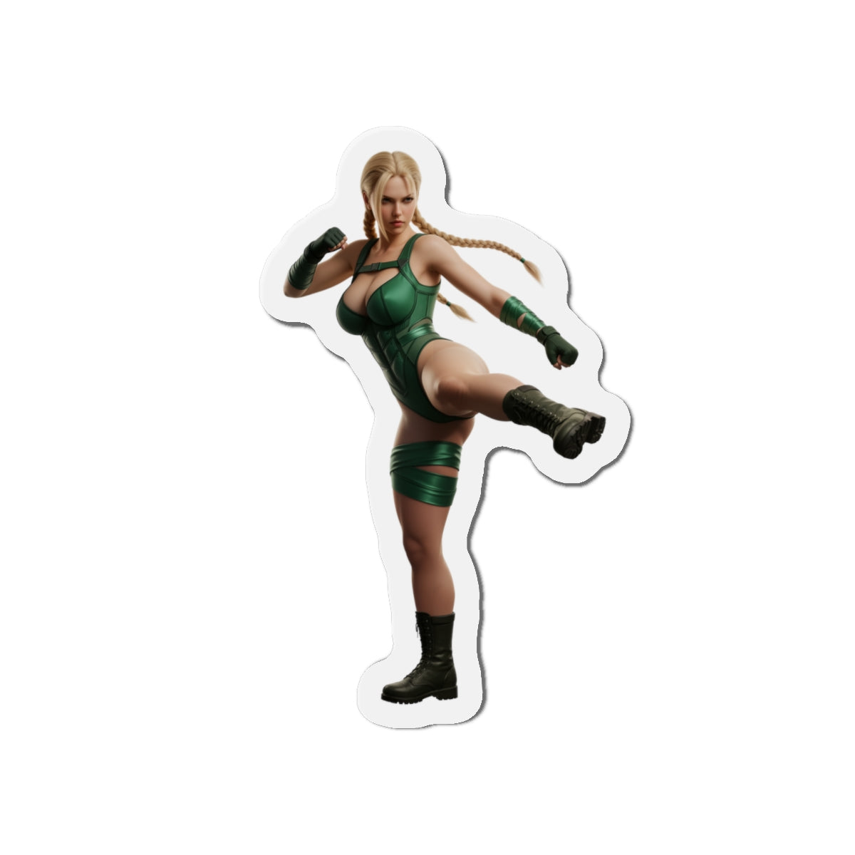 Cammy White Magnet – Street Fighter Anime Heroine Fridge Magnet, Game Decor die-cut vinyl fridge magnet showing Cammy in green fight pose