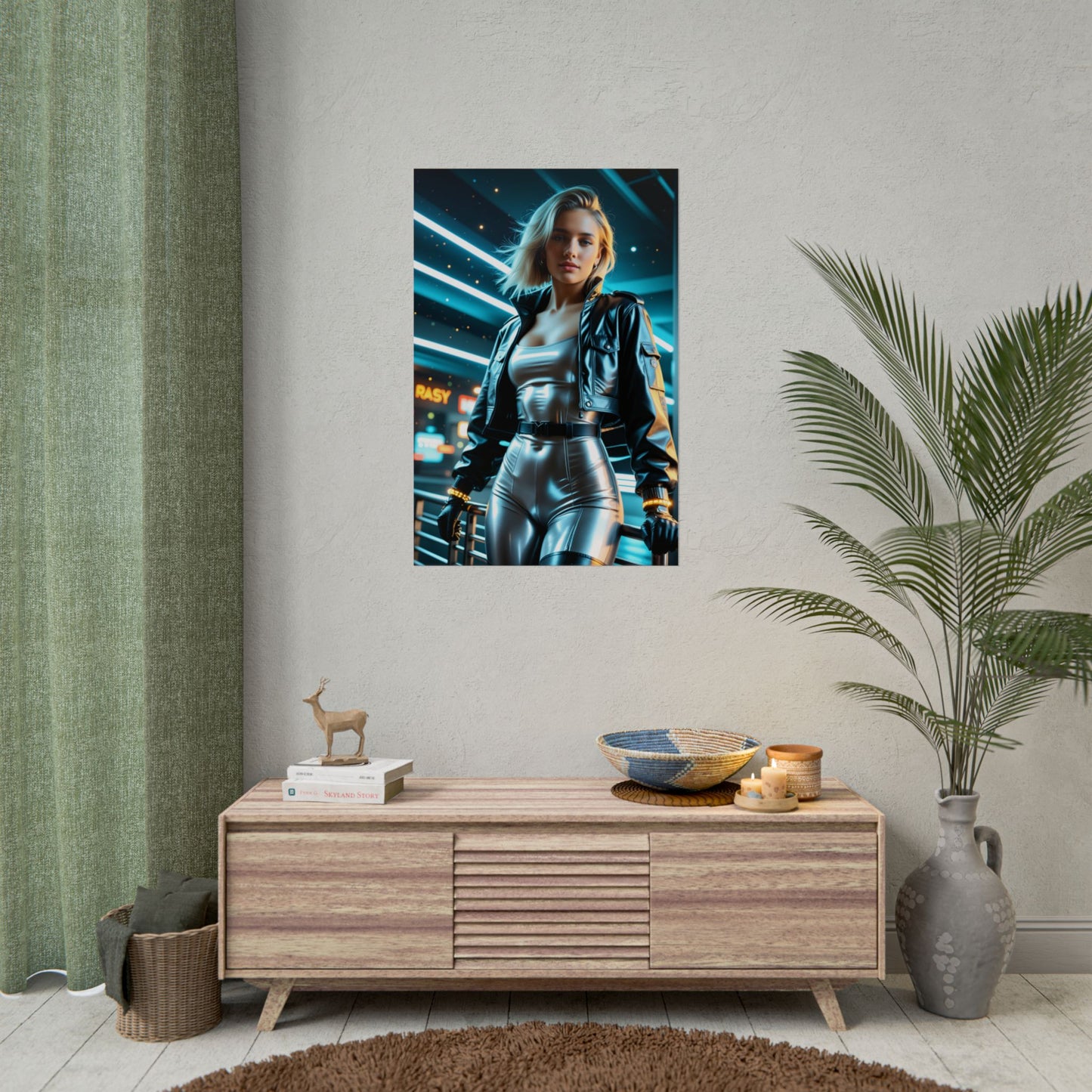 Rogue Cyberpunk 2077 Poster – Iconic Cyberpunk Heroine Wall Art Decor showing futuristic heroine in metallic suit over gaming room console