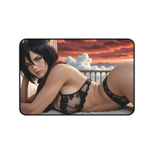 Gaming Mouse Pad – Mikasa Ackerman Desk Mat, AOT Anime Girl Battle Setup – HD desk mat featuring Mikasa Ackerman in dramatic battlefield-inspired art