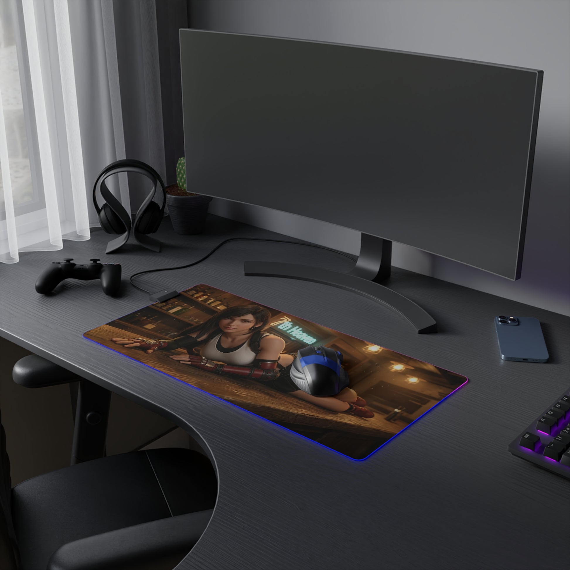 Tifa Lockhart Desk Mat – LED RGB Pad, Waifu Fighter Anime Girl Setup on gaming desk with Tifa artwork, RGB border and mouse