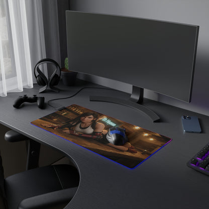 Tifa Lockhart Desk Mat – LED RGB Pad, Waifu Fighter Anime Girl Setup on gaming desk with Tifa artwork, RGB border and mouse