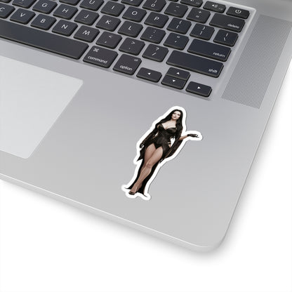 Morticia Addams Sticker – Gothic Character Vinyl Sticker for Laptops & Indoor Decor on silver laptop showing glossy die-cut vinyl sticker of Morticia Addams