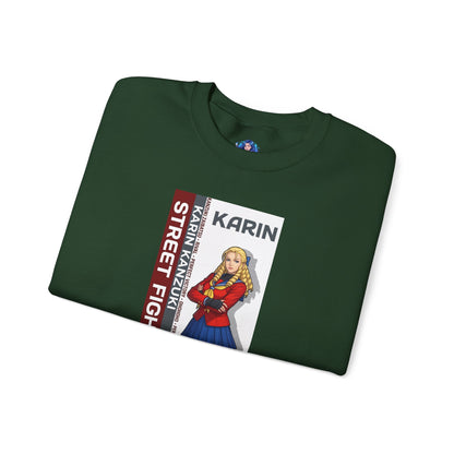 Karin Sweatshirt, Street Fighter Crewneck, Elegant Fighting Game Apparel for Fans featuring blonde Karin illustration on forest green premium crewneck