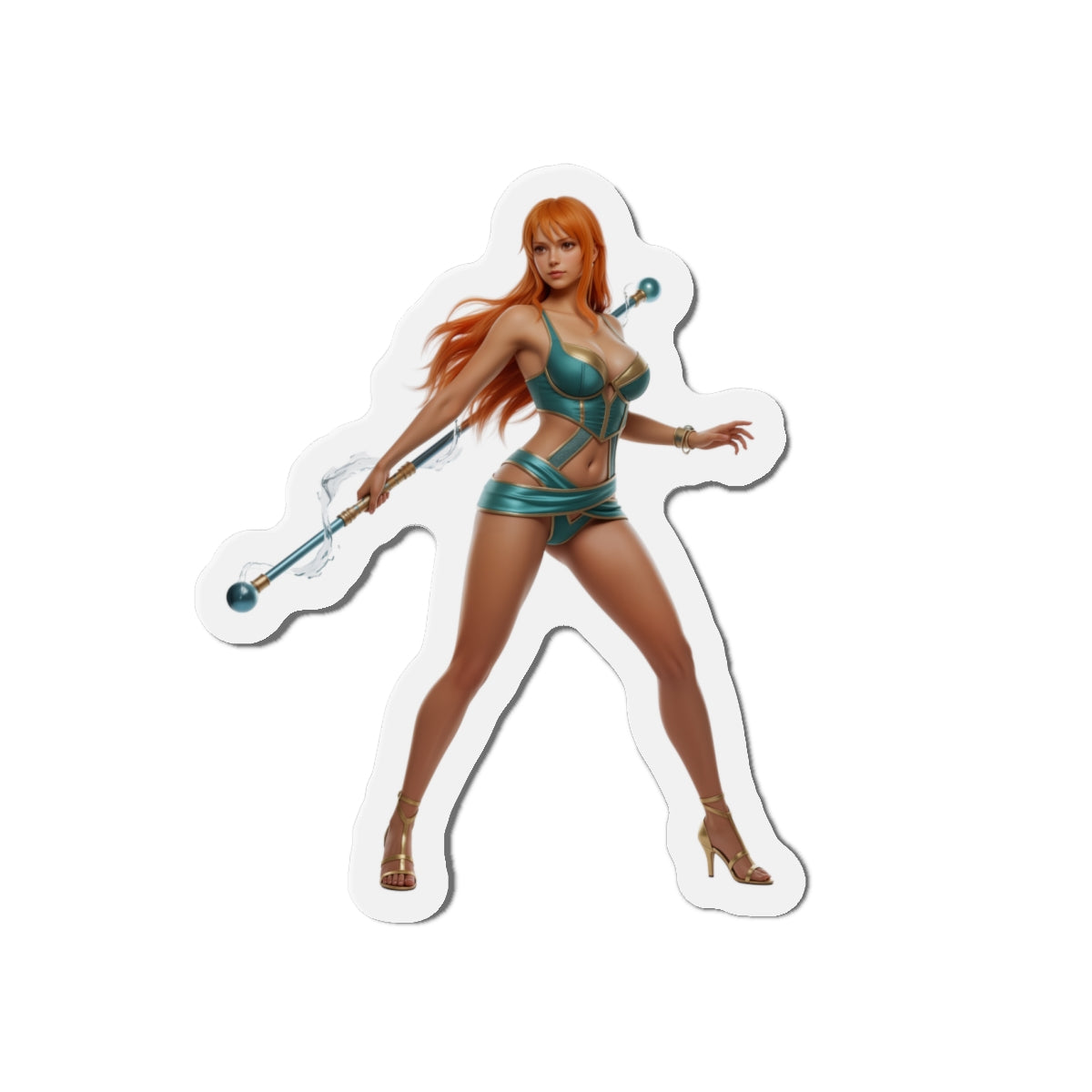 Nami Magnet – One Piece Anime Heroine Fridge Magnet, Pirate Decor showing die-cut vinyl sticker of confident Nami in teal outfit with staff