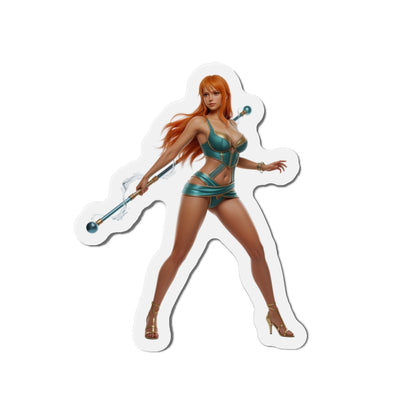 Nami Magnet – One Piece Anime Heroine Fridge Magnet, Pirate Decor showing die-cut vinyl sticker of confident Nami in teal outfit with staff