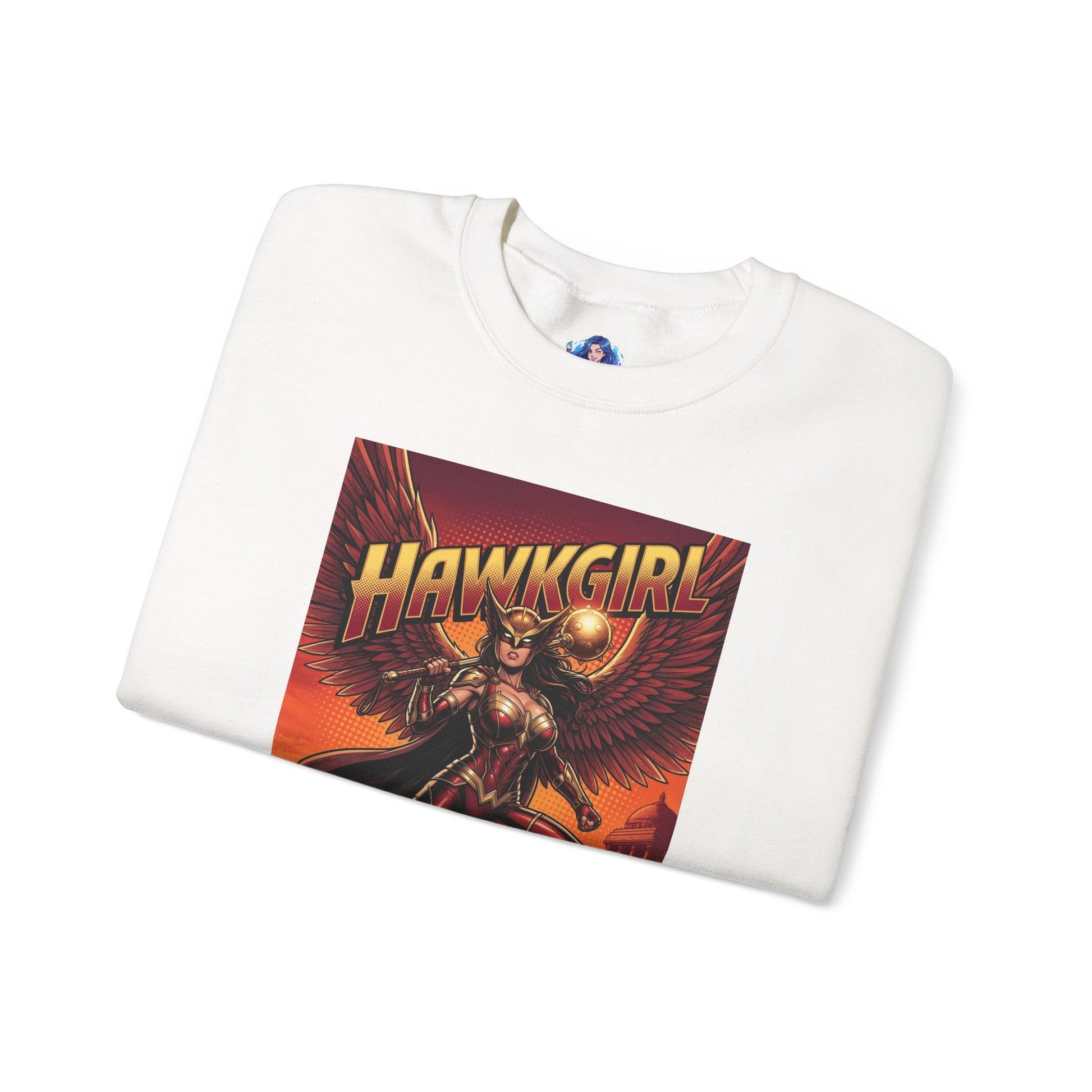 Hawkgirl Sweatshirt, DC Comics Wall Art Style, Premium Heroine Apparel white crewneck with anime-inspired Hawkgirl winged armor and mace print