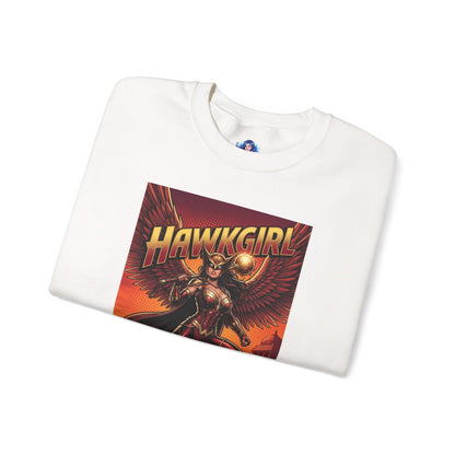 Hawkgirl Sweatshirt, DC Comics Wall Art Style, Premium Heroine Apparel white crewneck with anime-inspired Hawkgirl winged armor and mace print