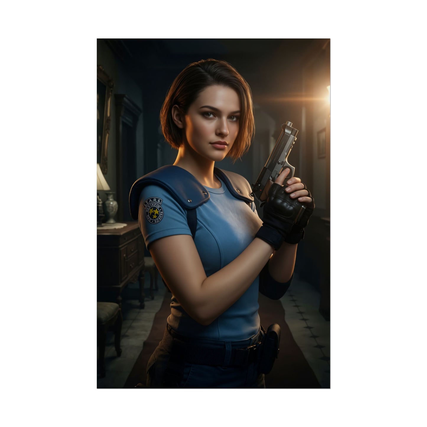 Jill Valentine Poster, Resident Evil Art Print – Iconic Survival Heroine: realistic Jill holding handgun in dimly lit mansion, premium gaming wall art