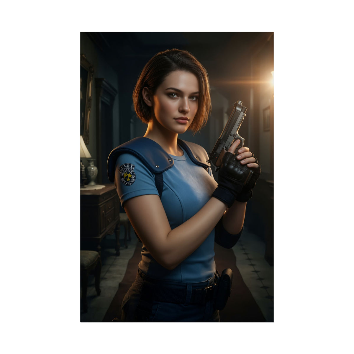 Jill Valentine Poster, Resident Evil Art Print  Iconic Survival Heroine: realistic Jill holding handgun in dimly lit mansion, premium gaming wall art