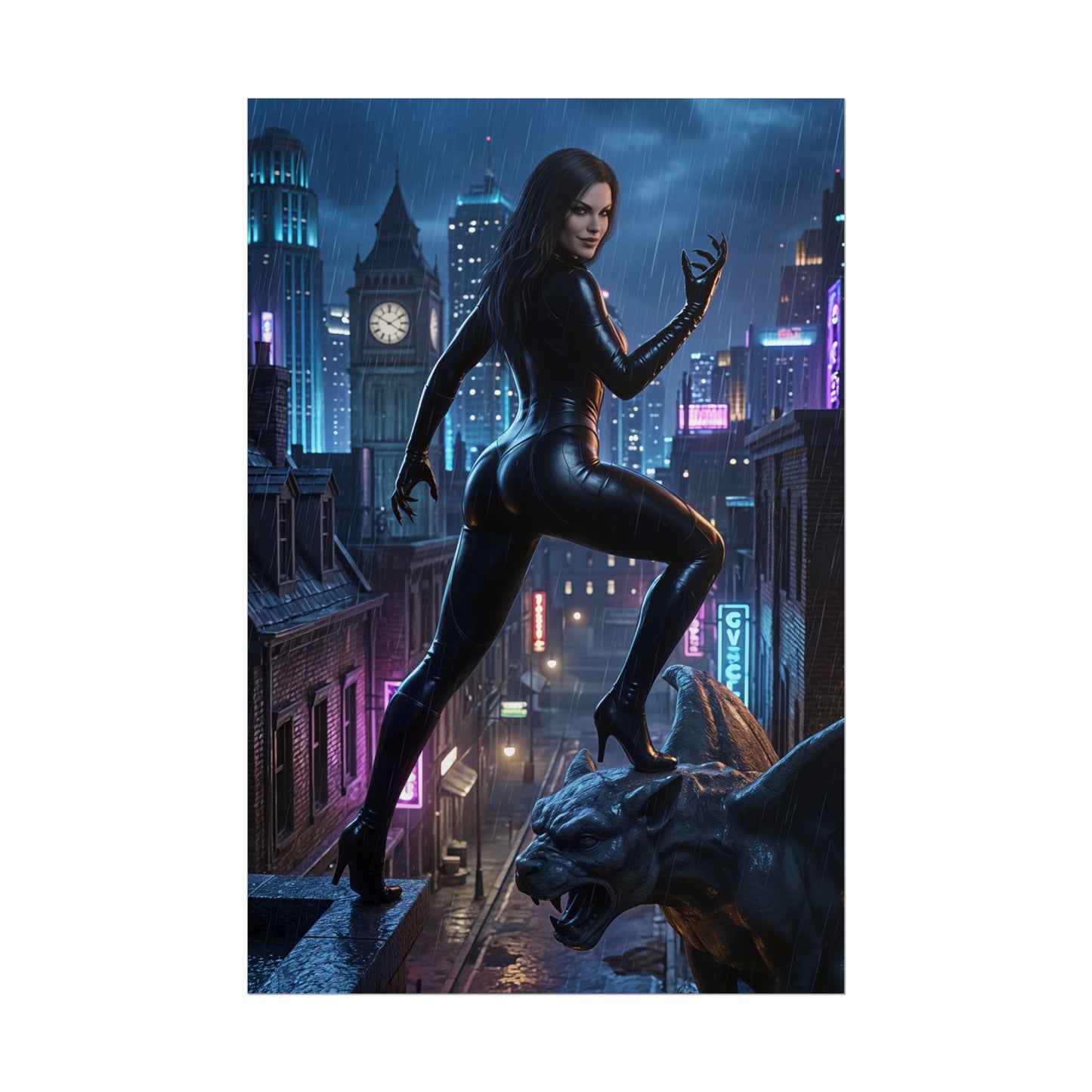 Black Cat Poster, Marvel Art Print – Comic Heroine Collector Wall Art - sleek Black Cat on rooftop at night, city skyline and gargoyle, collector wall art