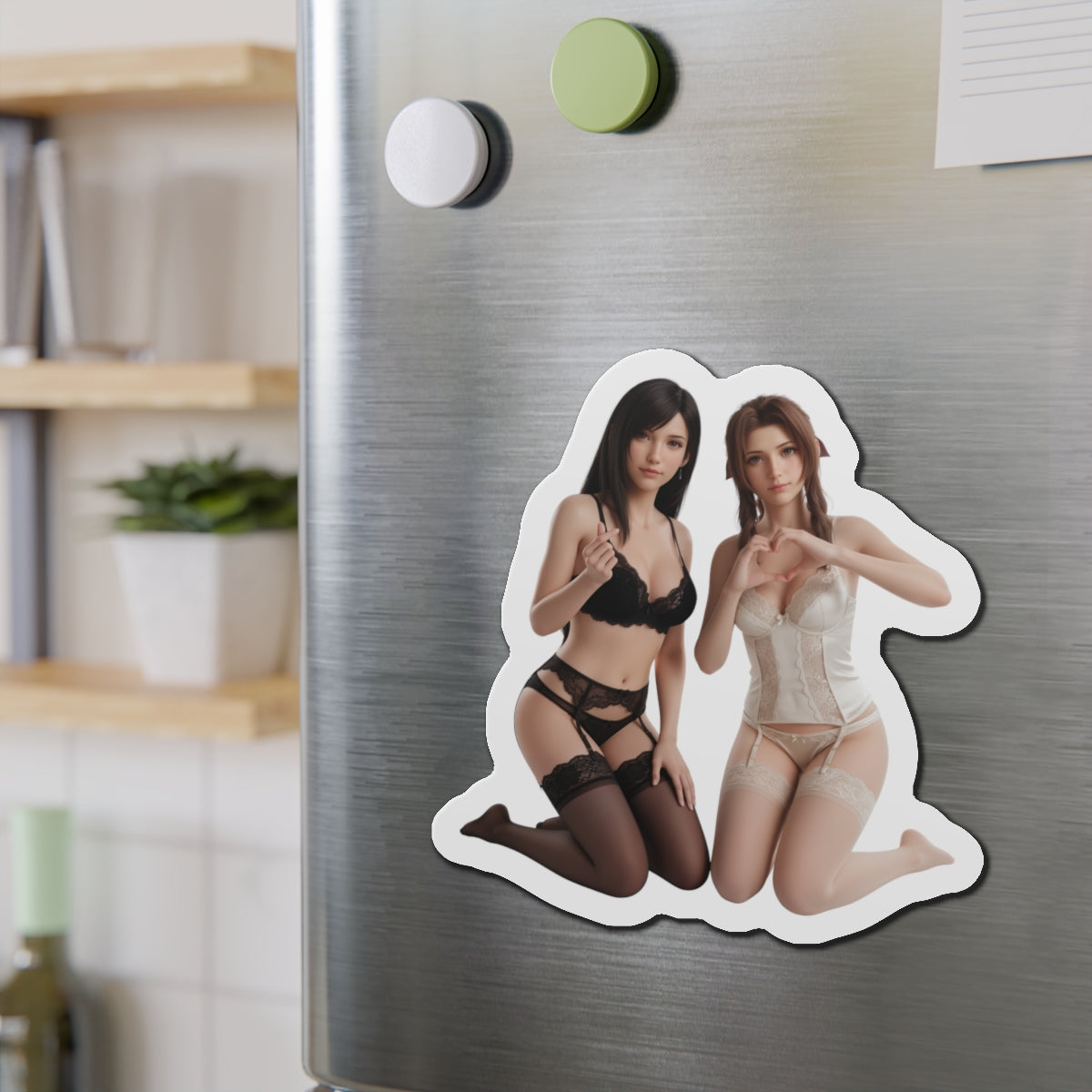 Tifa Aerith Magnet – Final Fantasy VII Anime Duo Fridge Magnet die-cut vinyl showing Tifa and Aerith in anime-style artwork on a fridge