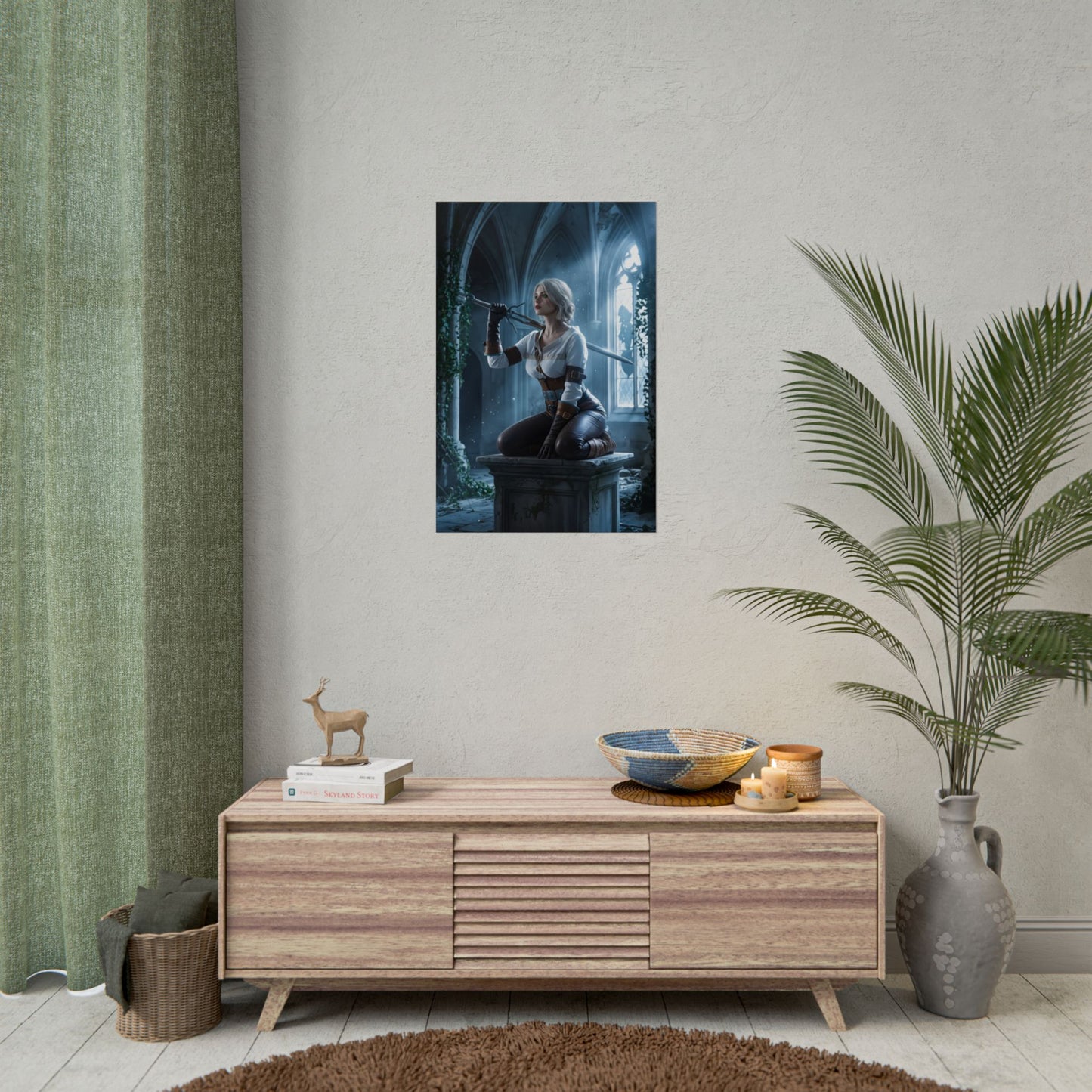 Ciri Poster, Witcher Series Print, Legendary RPG Hero Art Wall Decor — moody fantasy wall art of Ciri in arched hall, perfect for gaming rooms