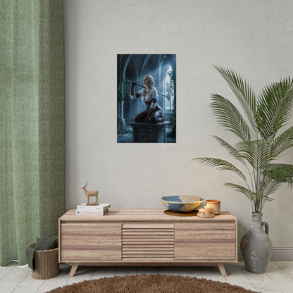 Ciri Poster, Witcher Series Print, Legendary RPG Hero Art Wall Decor — moody fantasy wall art of Ciri in arched hall, perfect for gaming rooms